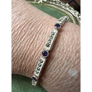 Sterling Silver Amethyst Marcasite Link Bracelet 7” Vintage 925 Jewelry